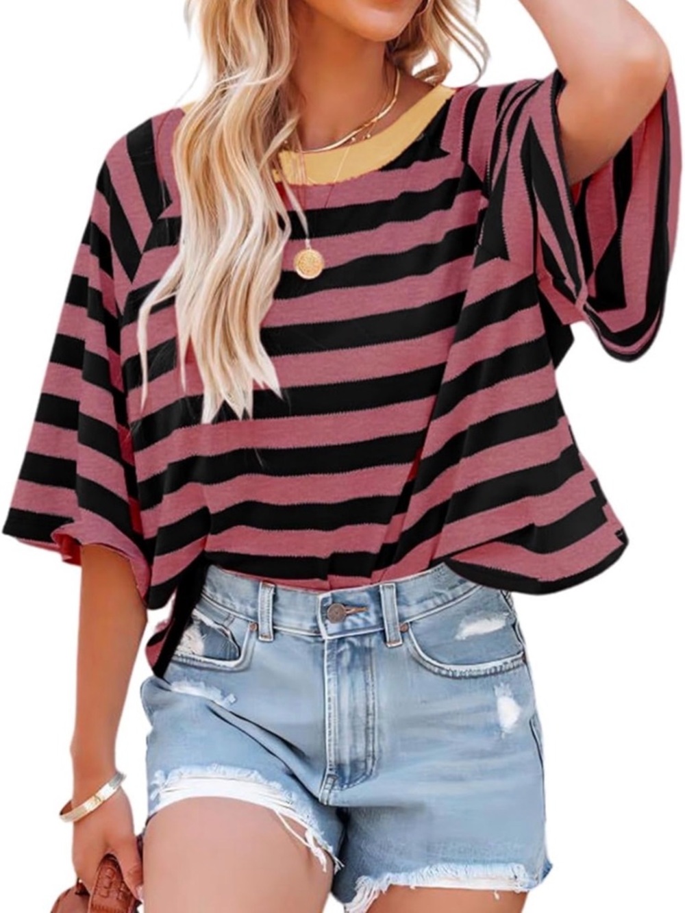 Chunky Rugby Striped Oversized T-Shirt Drop Shoulder Flowy Baggy Viscose Blend